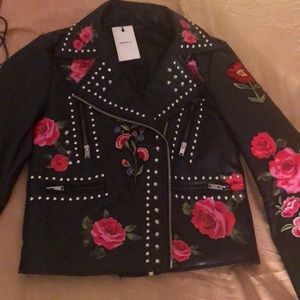 Black leather jacket with roses and butterflies